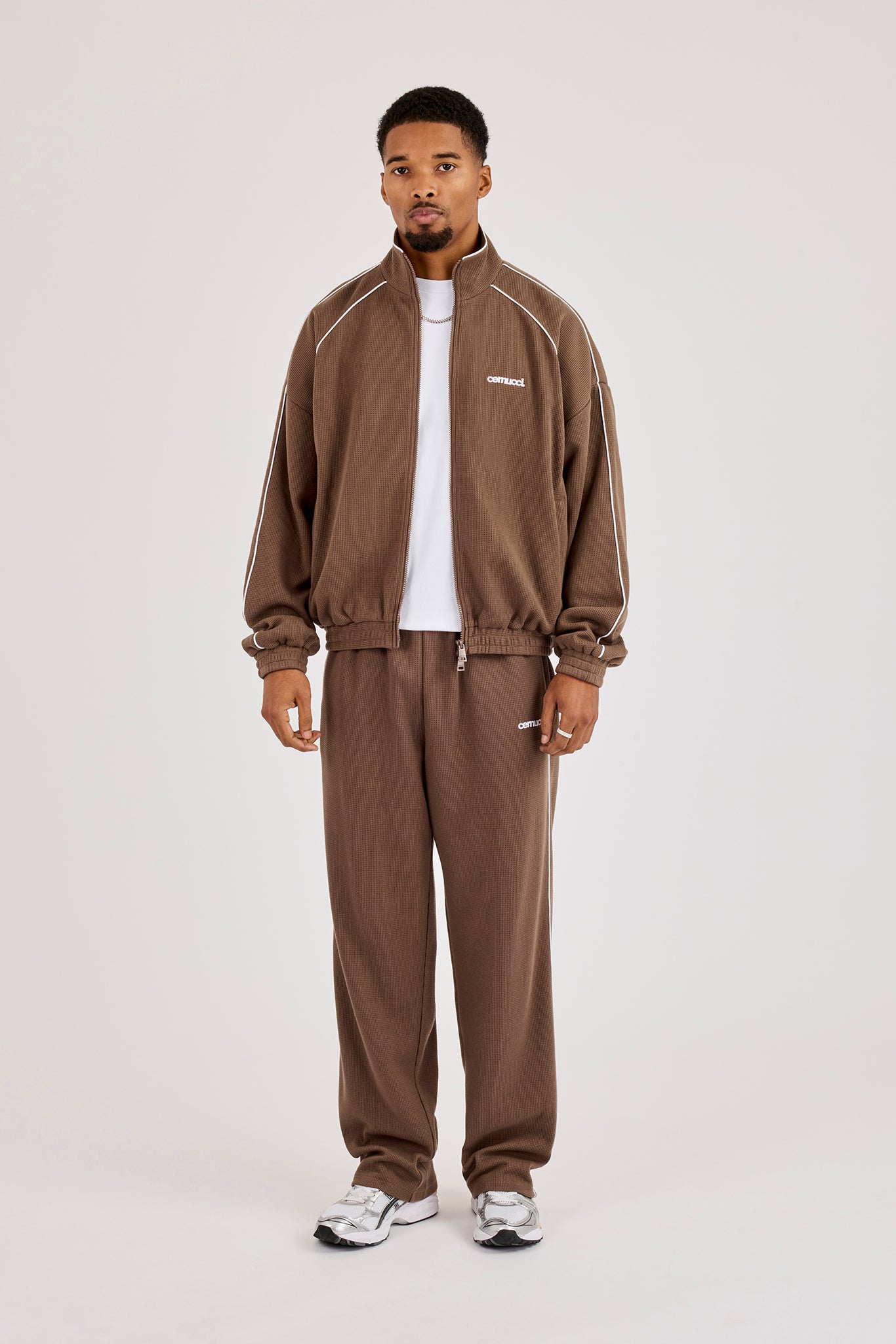Waffle Funnel Neck With Piping & Relaxed Jogger - Brown